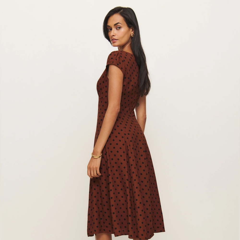 Reformation Brown Polka Dot Midi Dress with Black Spots - Picture 4 of 5